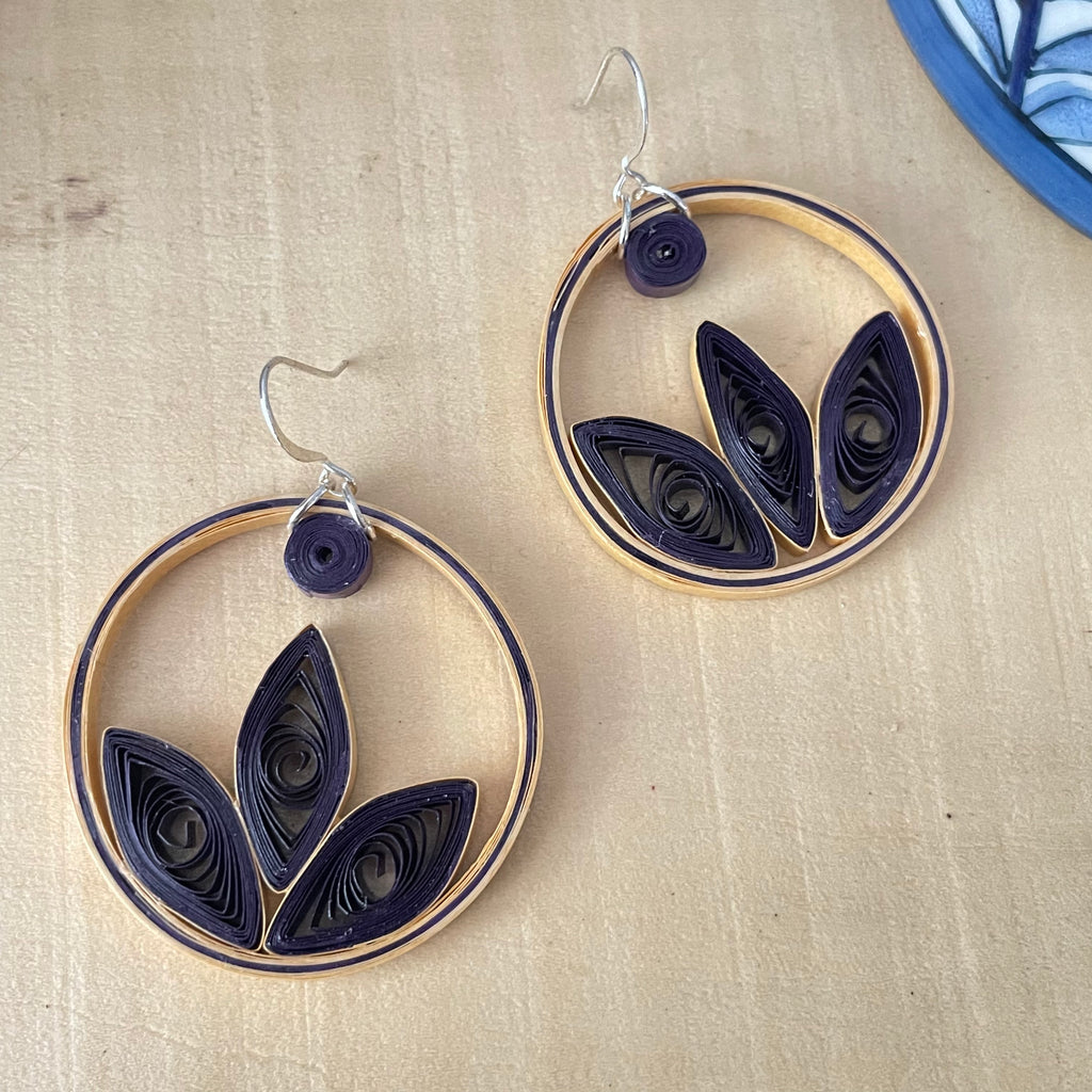 Dark Purple & Tan Quilled Paper Hoop Earrings 2" Floral Geometric Boho Upcycled Repurposed Unique Statement