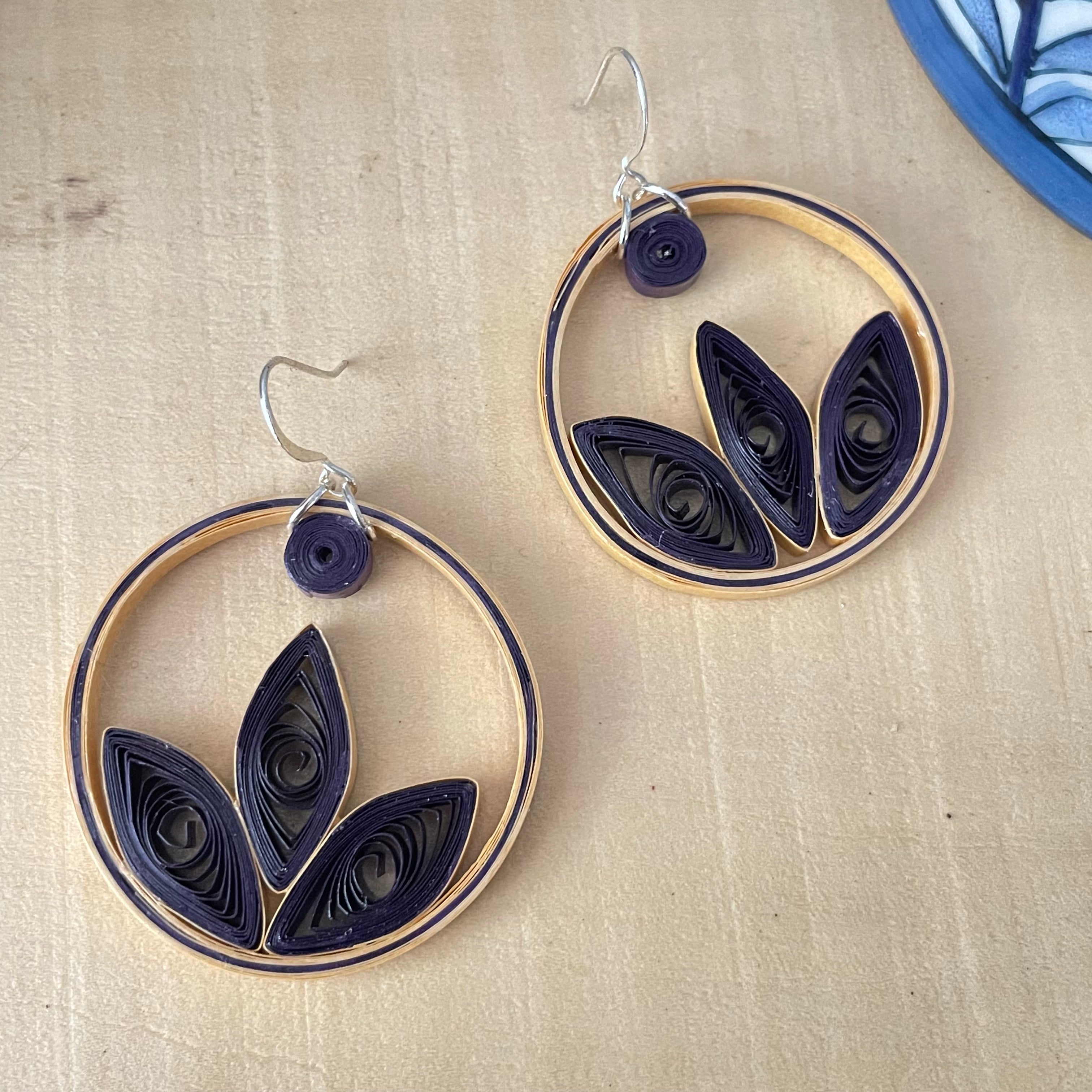 Dark Purple & Tan Quilled Paper Hoop Earrings 2" Floral Geometric Boho Upcycled Repurposed Unique Statement