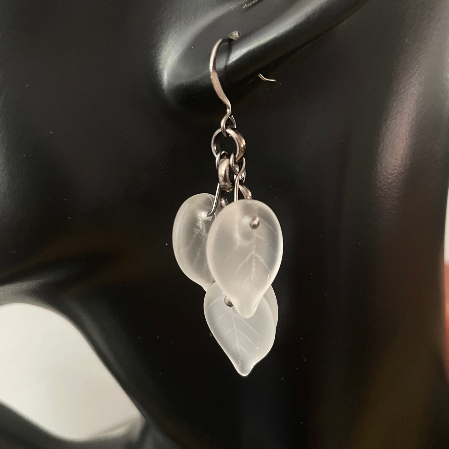 Frosted White Glass Leaf & Chunky Gunmetal Chain Earrings 2.25" Spring Summer