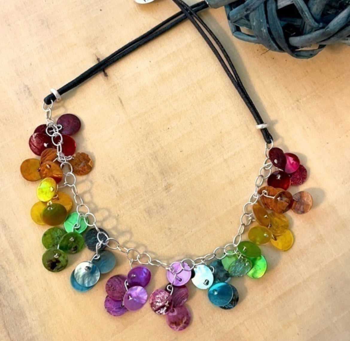 Delicate Dangling Rainbow Shell & Cord Choker Necklace 16" LGBT+ Pride Colorful Coastal
