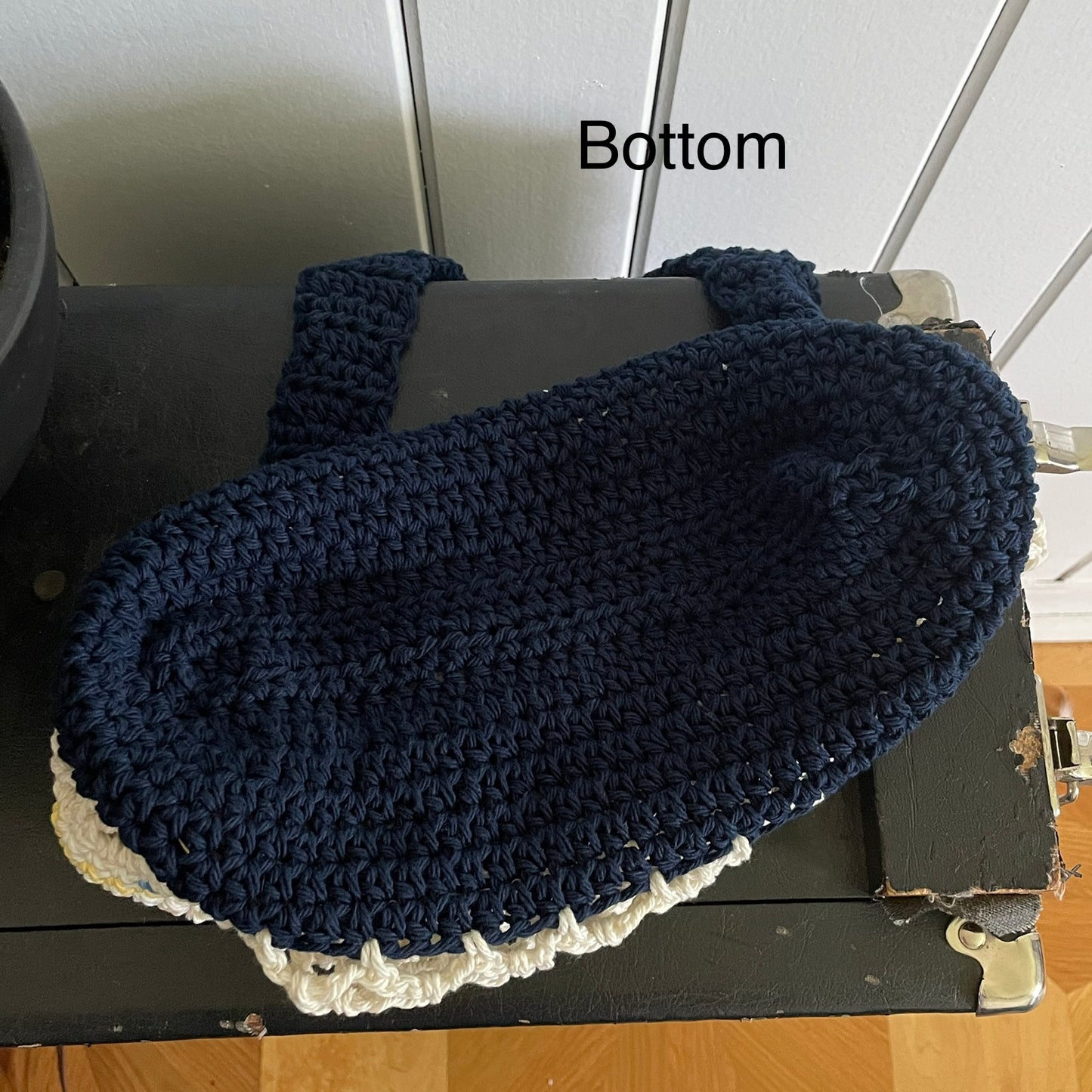 Navy Blue Cream Tote Shoulder Bag Purse Cotton Reusable Boho Multicolor Hand Crocheted Knit Pastel Yellow Blue