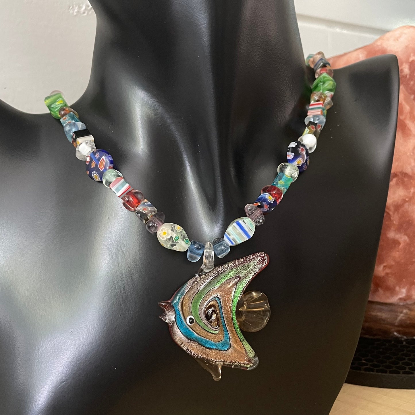 Colorful Glass Fish & Chunky Millefiori Bead Necklace 20.5" Coastal Bold Ocean