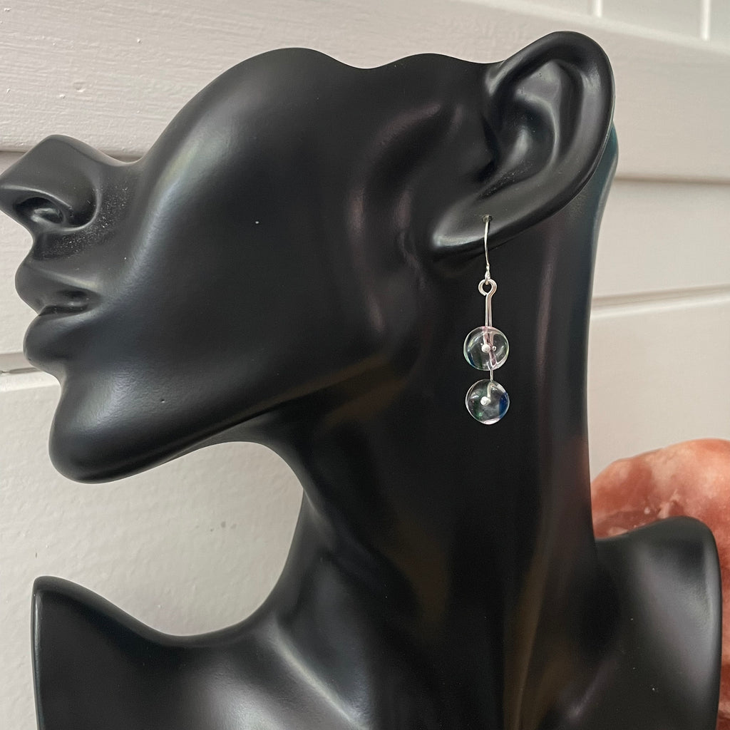 Clear Glass & Blue Green Swirl Accent Dangle Earrings 1.75" Floral Flower Boho Women Gift Everyday Fashion Handmade Jewelry