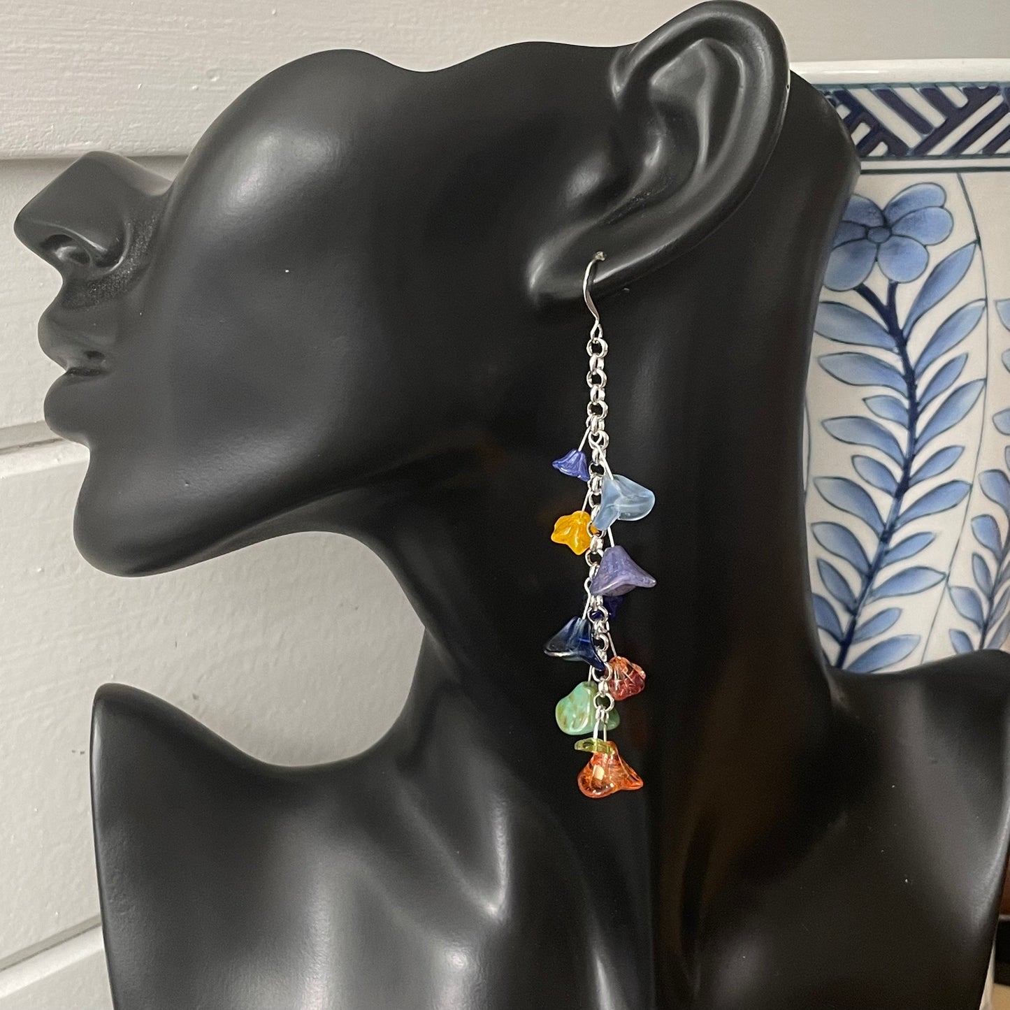 Long Colorful Glass Flower & Chunky Chain Dangle Earrings 3.75" Spring Summer Floral