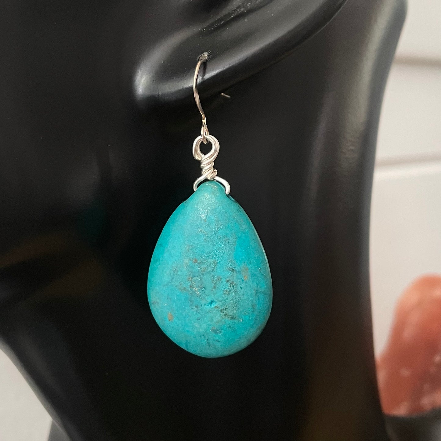 Large Turquoise Teardrop Statement Earrings 2" Boho Wrapped Wire Accent Southwestern Western