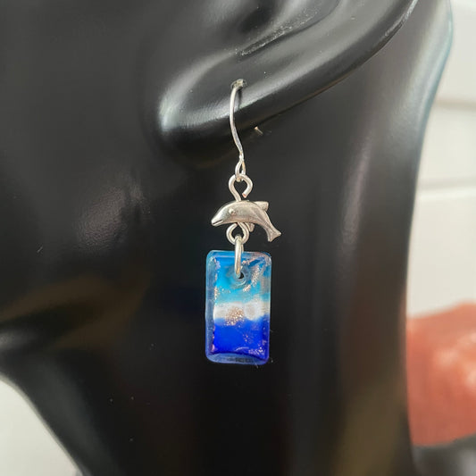 Mini Dolphin & Blue Swirl Glass Earrings 1.5" Coastal Ocean Sea
