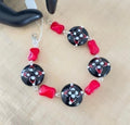 Chunky Multicolor Glass Bead Bracelet 8.5" Red Black White Drama Hand-Linked Textured