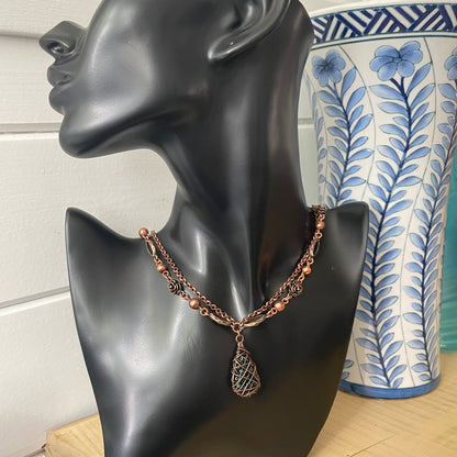 Dark Green Swarovski Crystal & Copper Wire Wrapped Pendant Necklace 22.25" Flowers Floral Textured