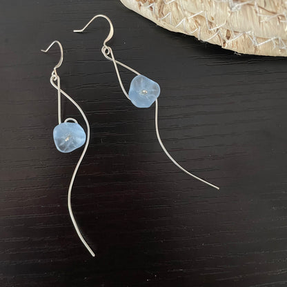 Long Pastel Blue Czech Glass Flower & Hand Curved Wire Dangle Earrings 3.5" Romantic Floral Women Gift Everyday Fashion Handmade Jewelry