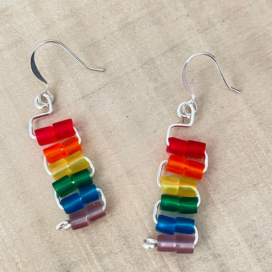 Tiered Frosted Glass Bead Pride Earrings 1.75" Hand Crafted Rainbow LGBT Flag Ally Colorful Layered