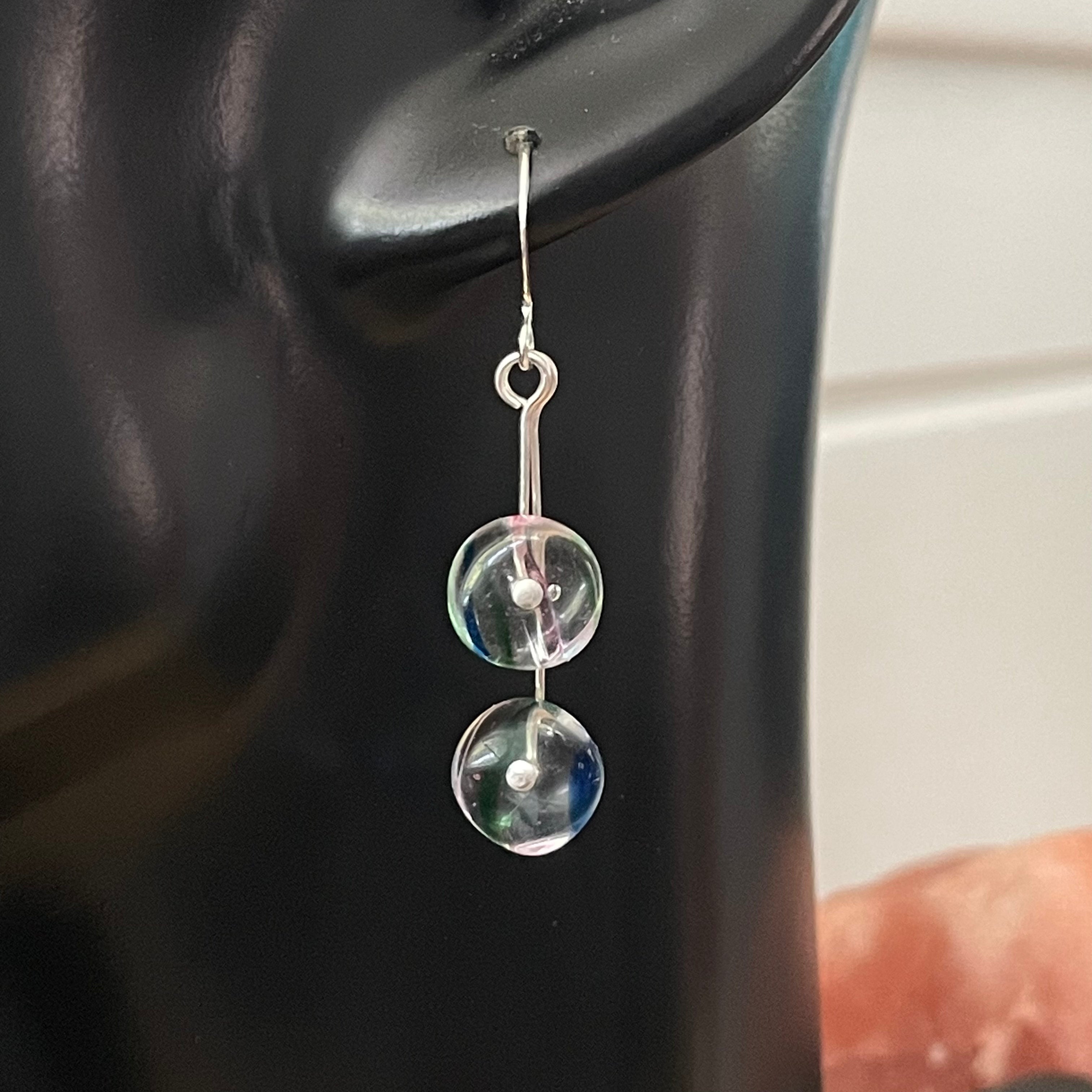 Clear Glass & Blue Green Swirl Accent Dangle Earrings 1.75" Floral Flower Boho Women Gift Everyday Fashion Handmade Jewelry