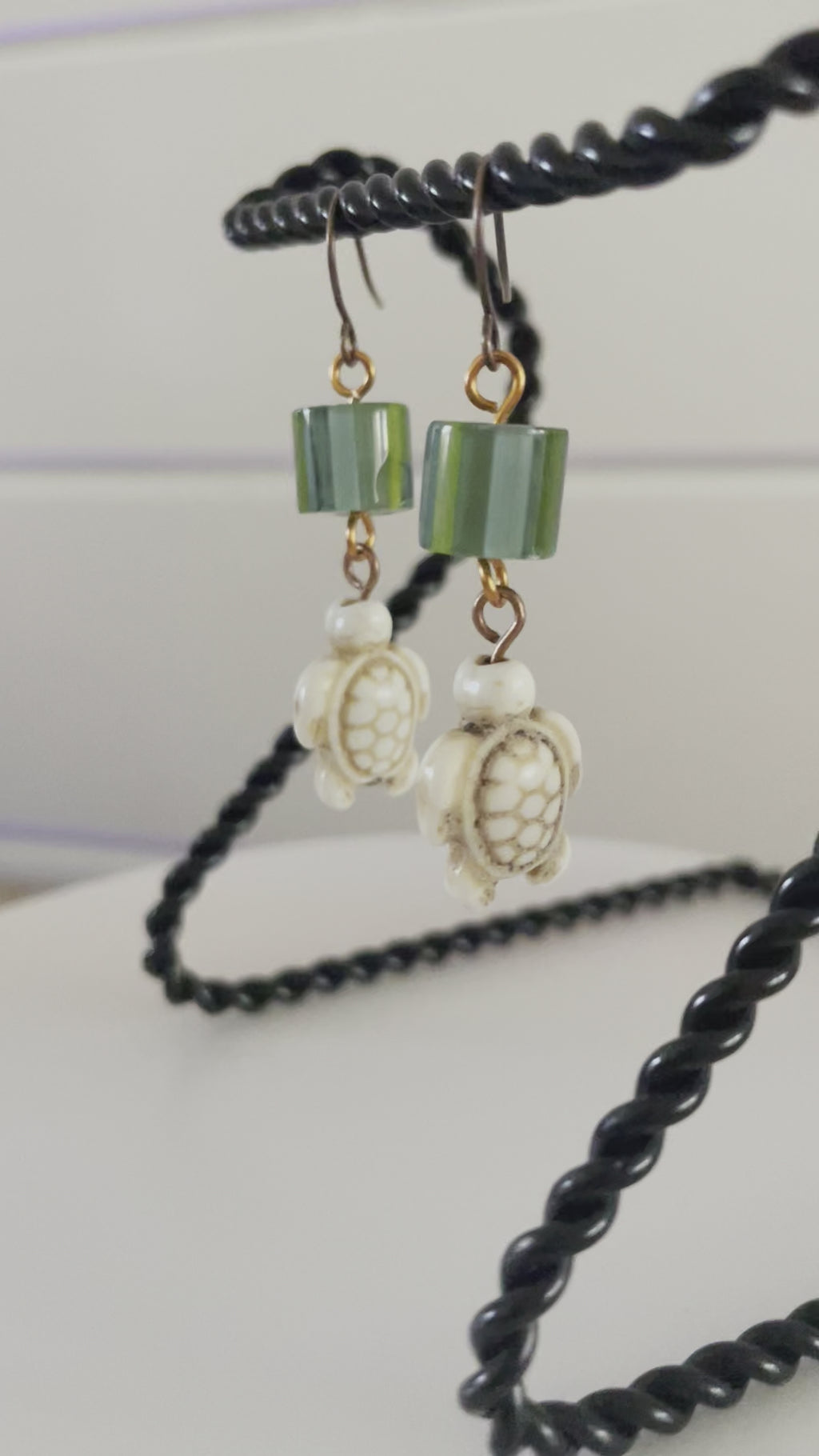 Translucent Green Cain Glass Bead & Cream Magnesite Turtle Dangle Earrings Handmade Geometric Ocean Sea Life Copper Cylinder