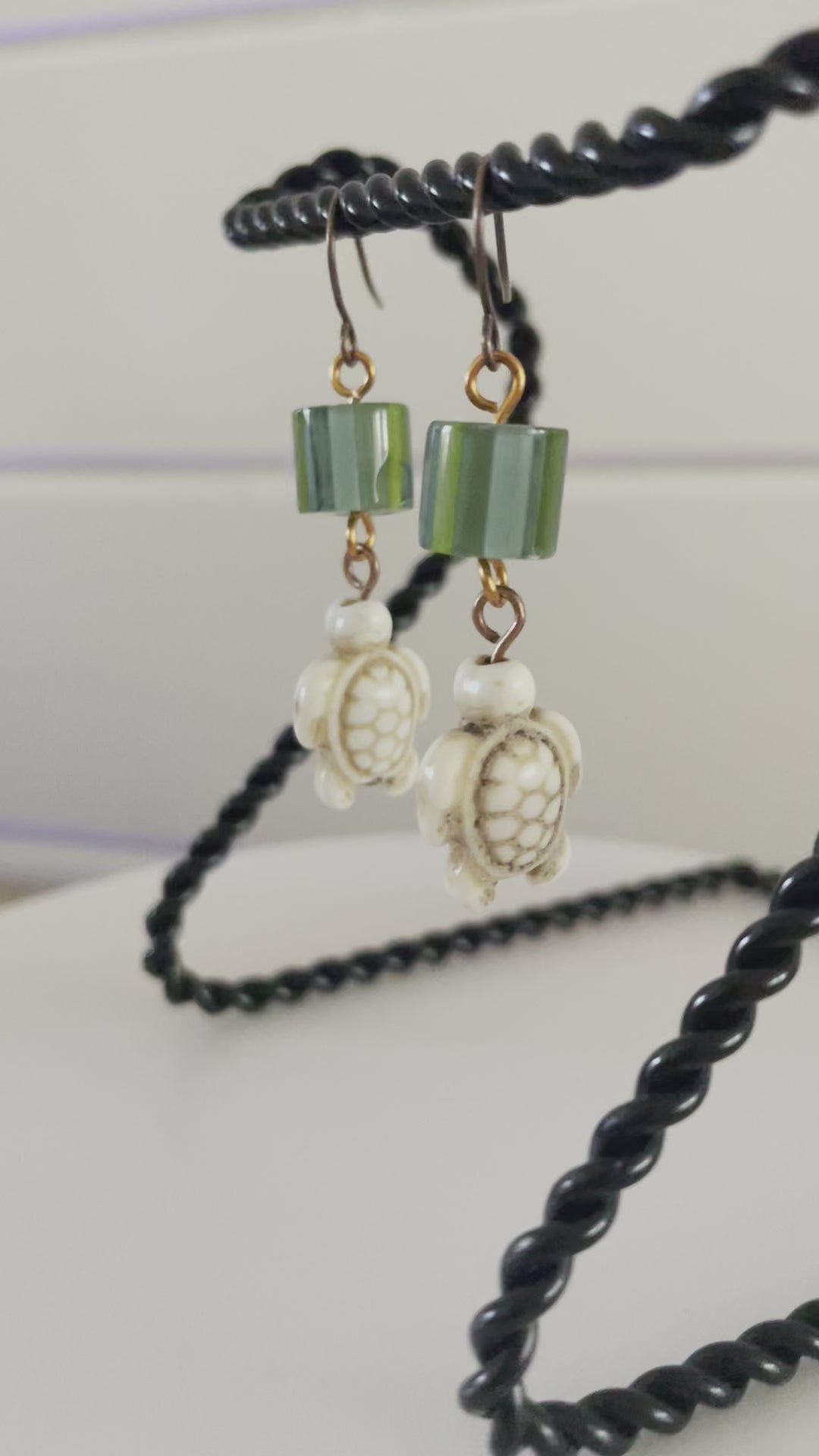 Translucent Green Cain Glass Bead & Cream Magnesite Turtle Dangle Earrings Handmade Geometric Ocean Sea Life Copper Cylinder