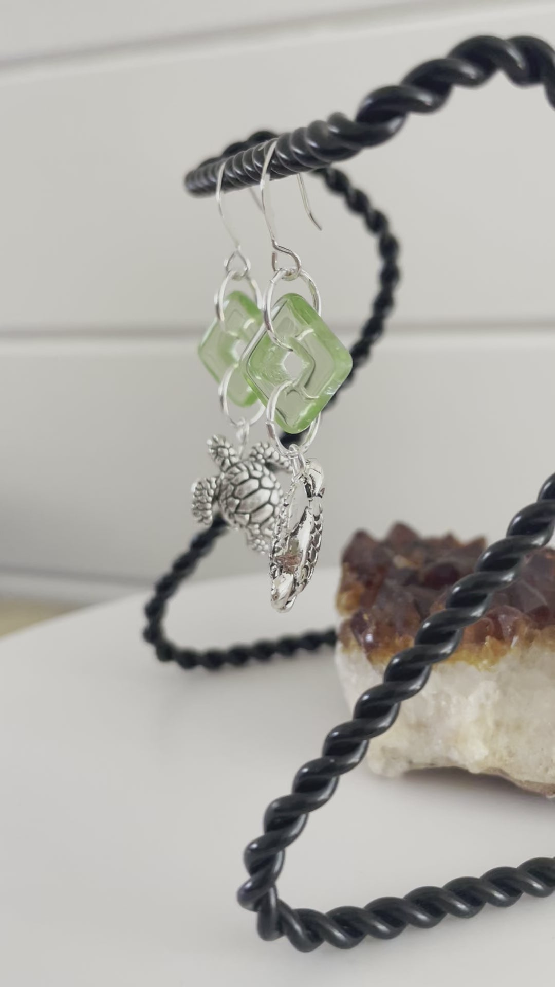 Square Donut Green Glass Drop & Mixed Metal Turtle Earrings Ocean Sea Life Light Green Translucent Women Gift Everyday Fashion Handmade Jewelry