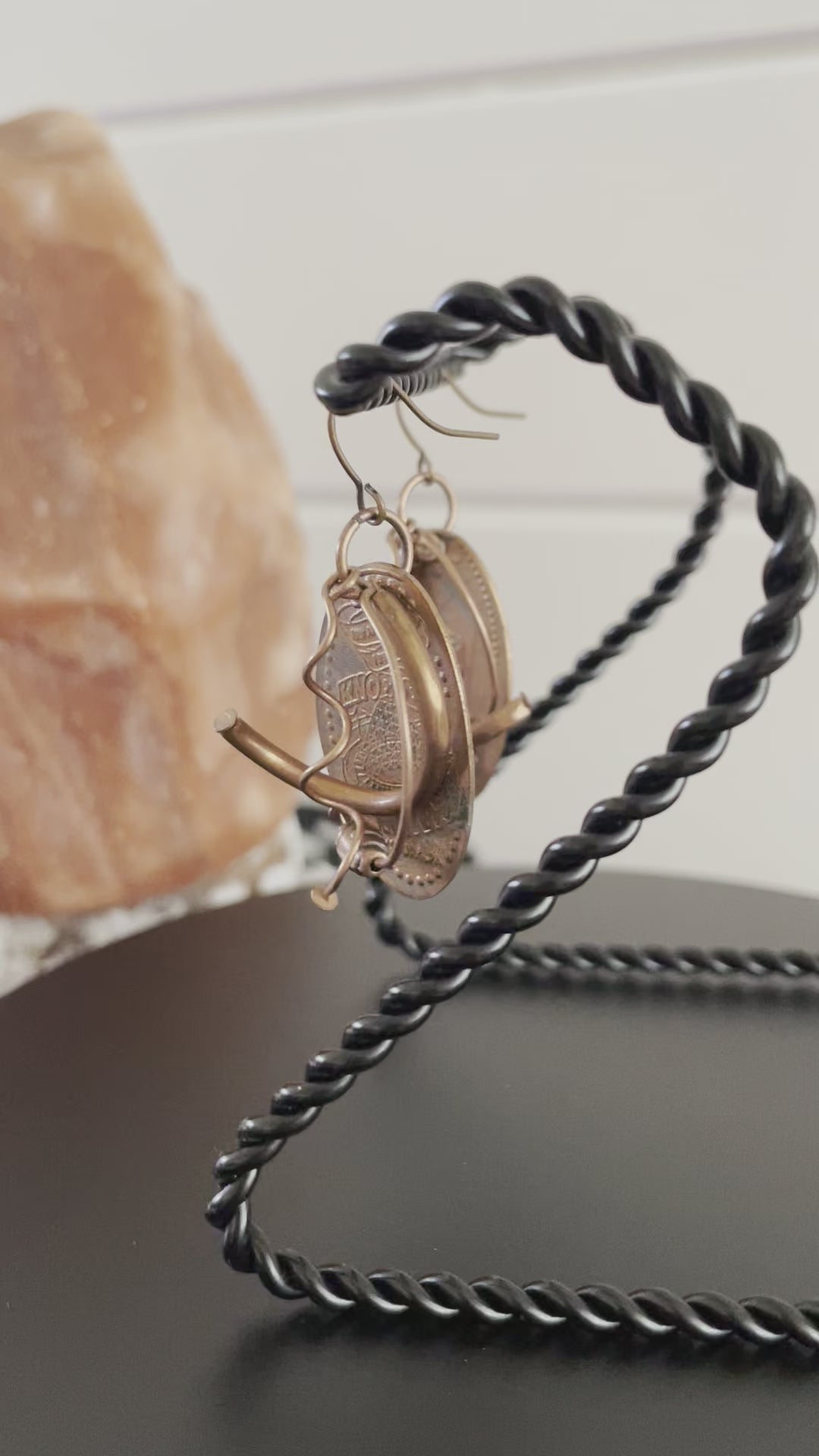 Flattened Penny & Copper Swirl Earrings 2" Handmade Statement Playful Casual Hand Turned Metal Wire Women Gift Everyday Fashion Jewelry