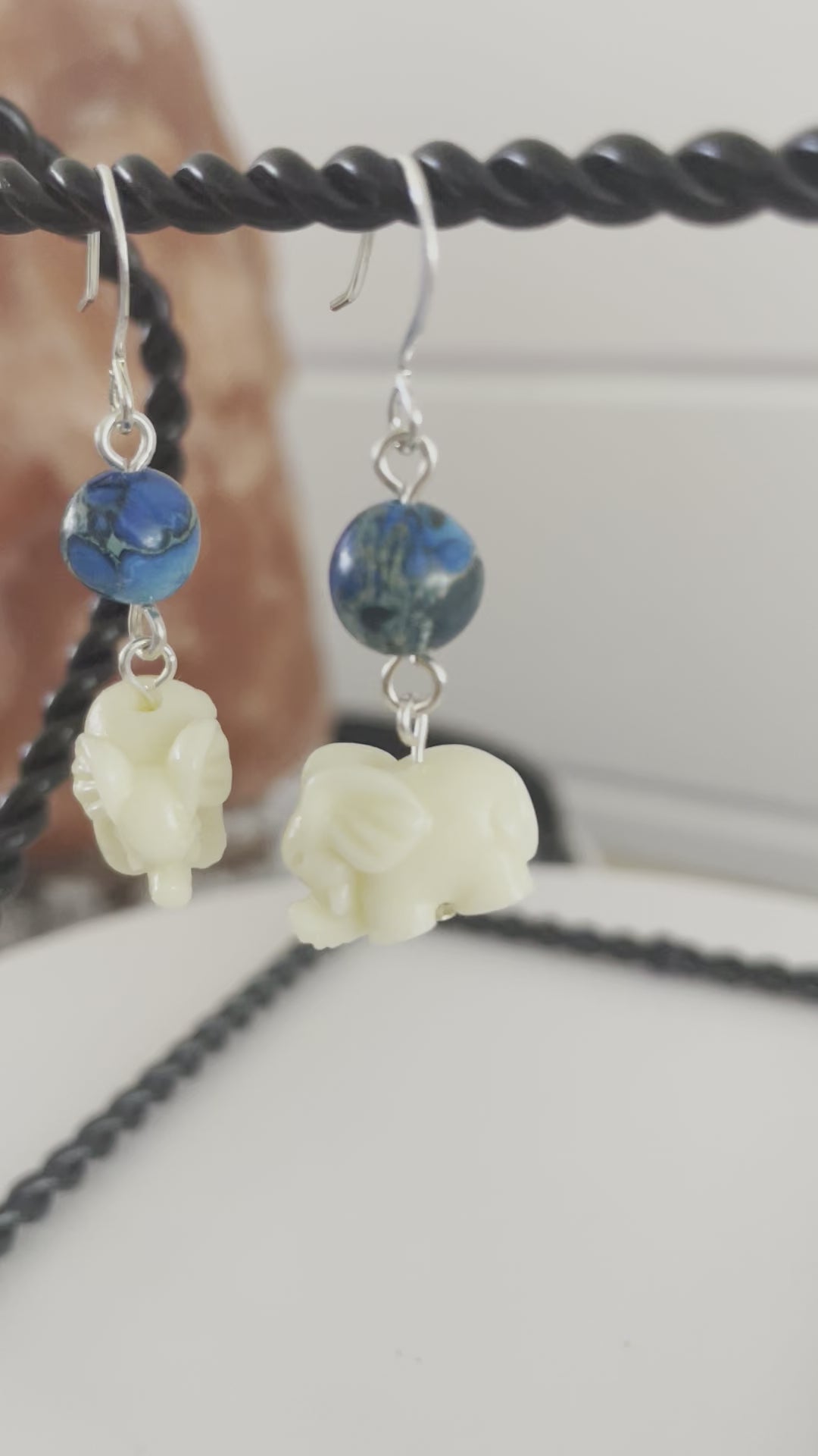 Marbled Blue Jasper & Elephant Shaped Bone Dangle Earrings 1.5" Casual Animal Theme