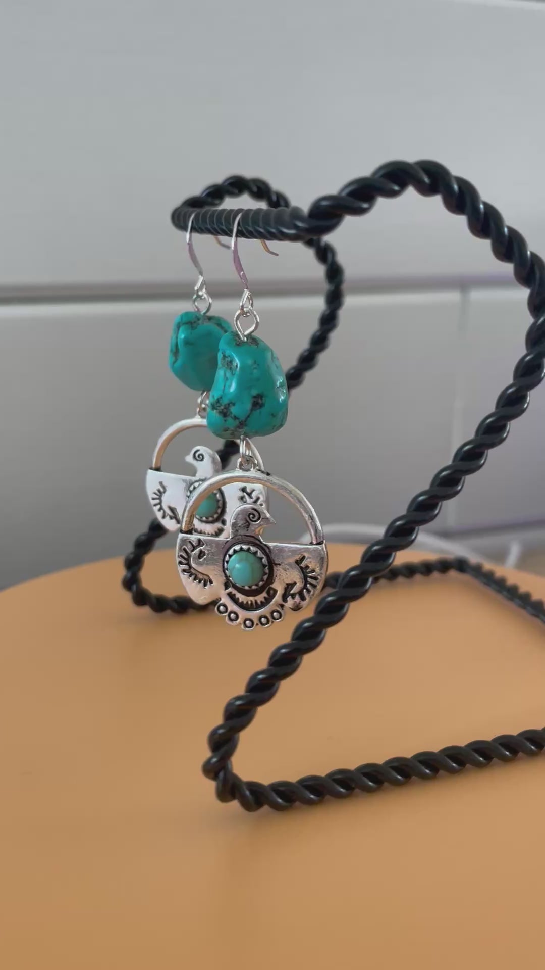 Dangling Bird & Turquoise Nugget Earrings 2.5" Southwest Western Stamped Mixed Metal Blue Green Magnesite Handcrafted Women Gift Idea