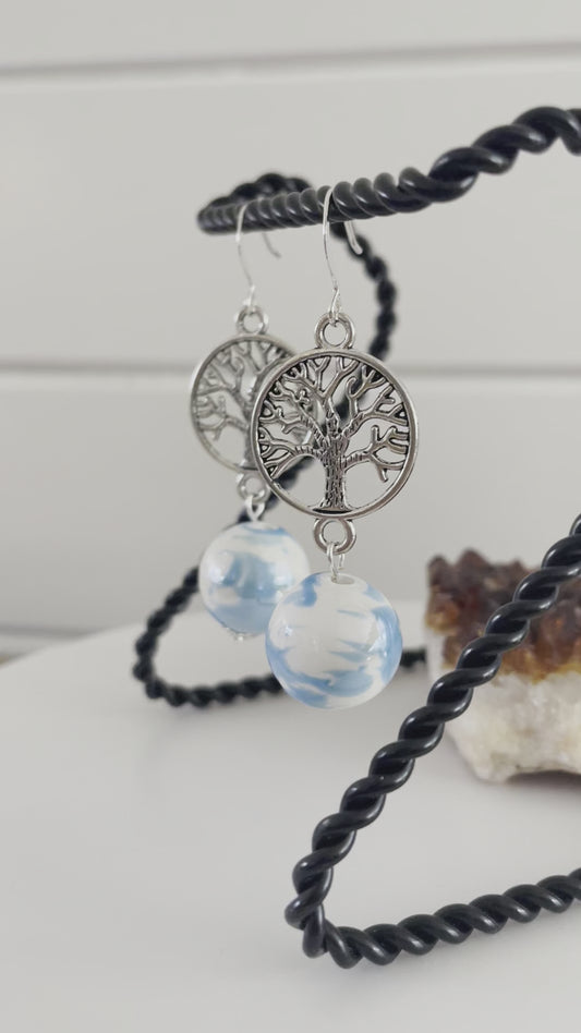 Tree of Life & Ceramic Globe Drop Dangle Earrings Handmade Blue White Marbled Bead Mixed Metal Boho Women Gift Everyday Fashion Handmade Jewelry