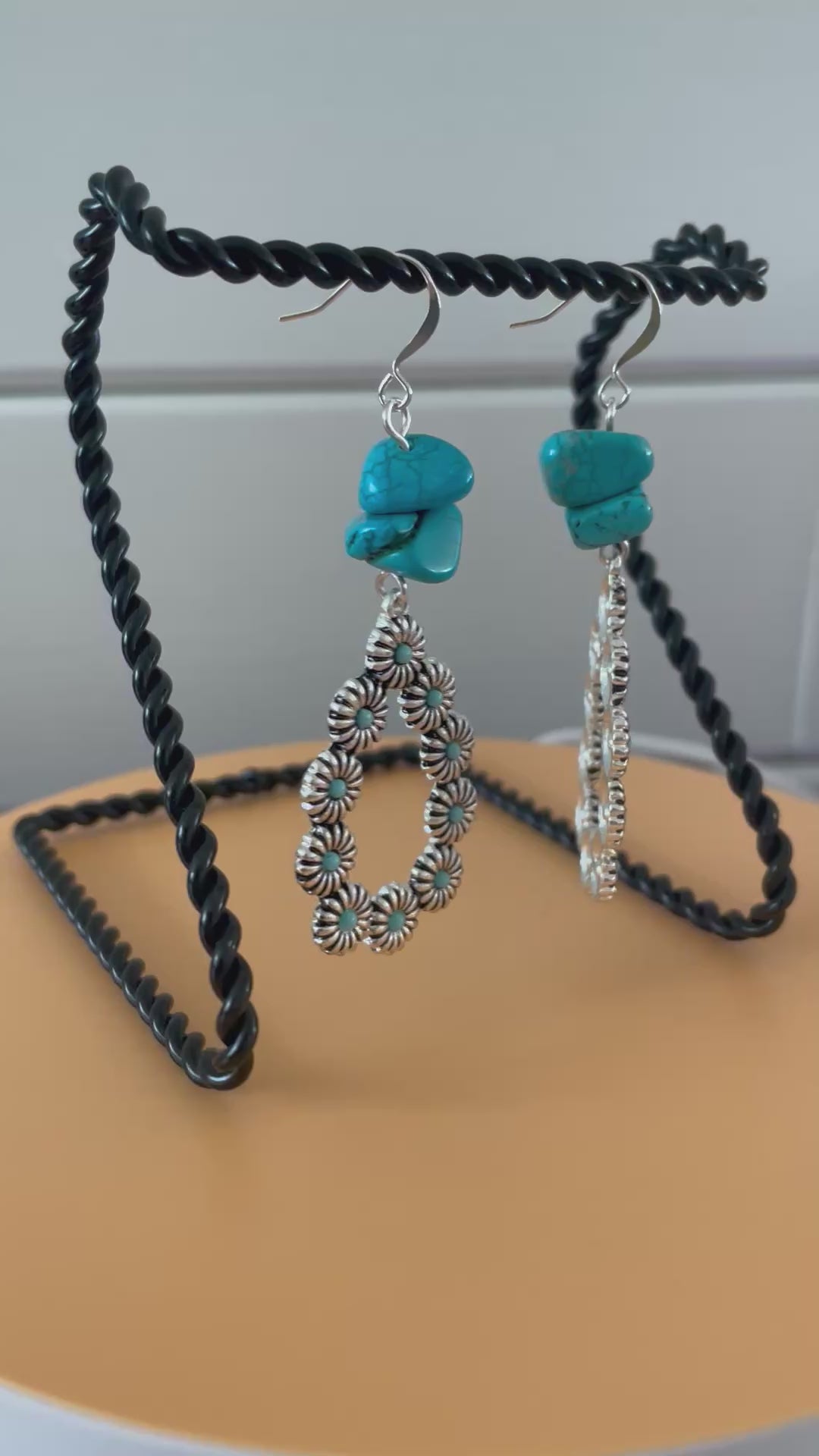 Dangling Floral Teardrop Hoop & Small Turquoise Nugget Earrings 3" Western Stamped Mixed Metal Blue Green Magnesite Handcrafted Women Gift Idea