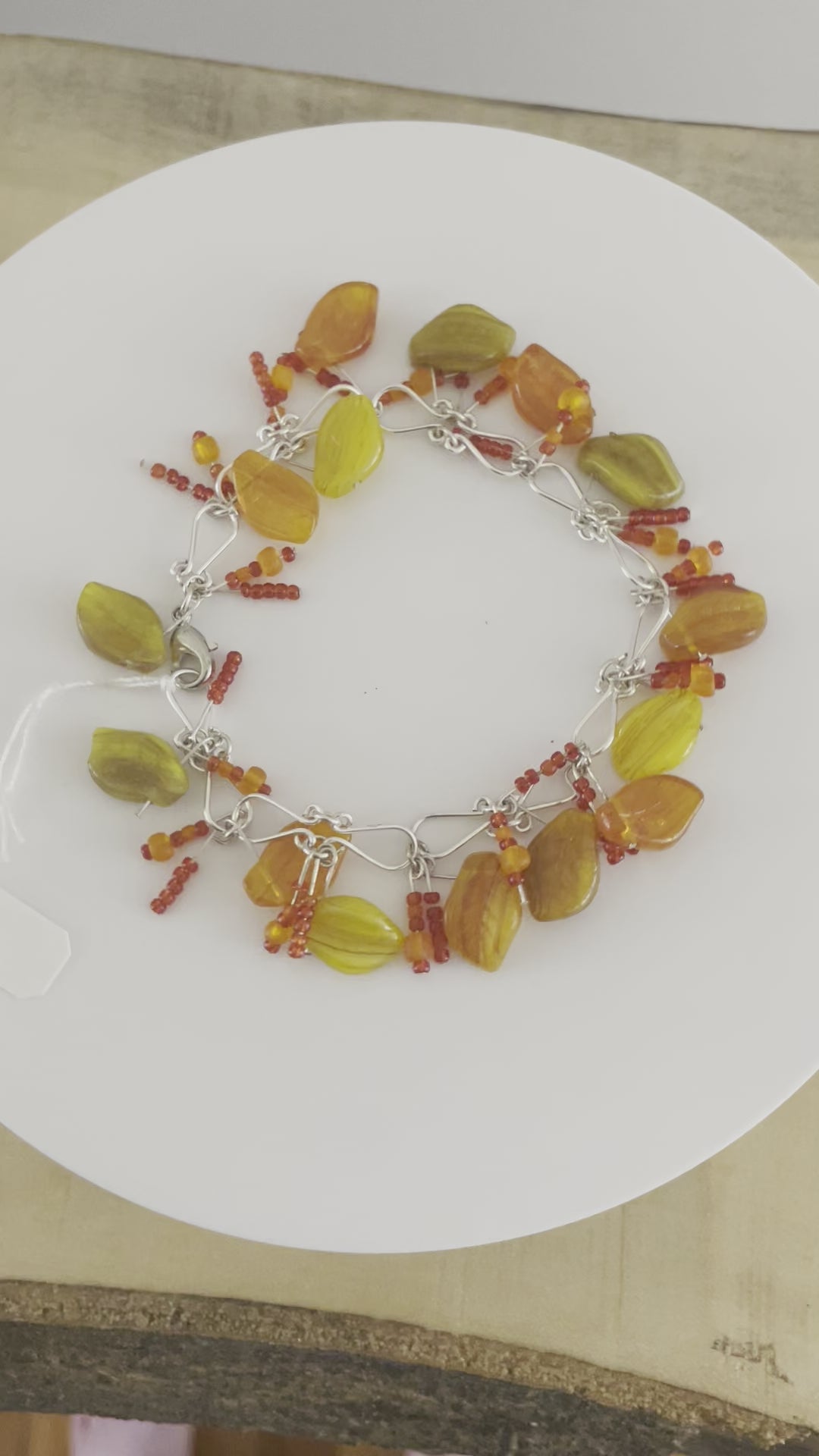 Textured Glass Fall Leaves & Hand-turned Link Bracelet 8.25" Autumn Orange Yellow Green Chunky Dangles