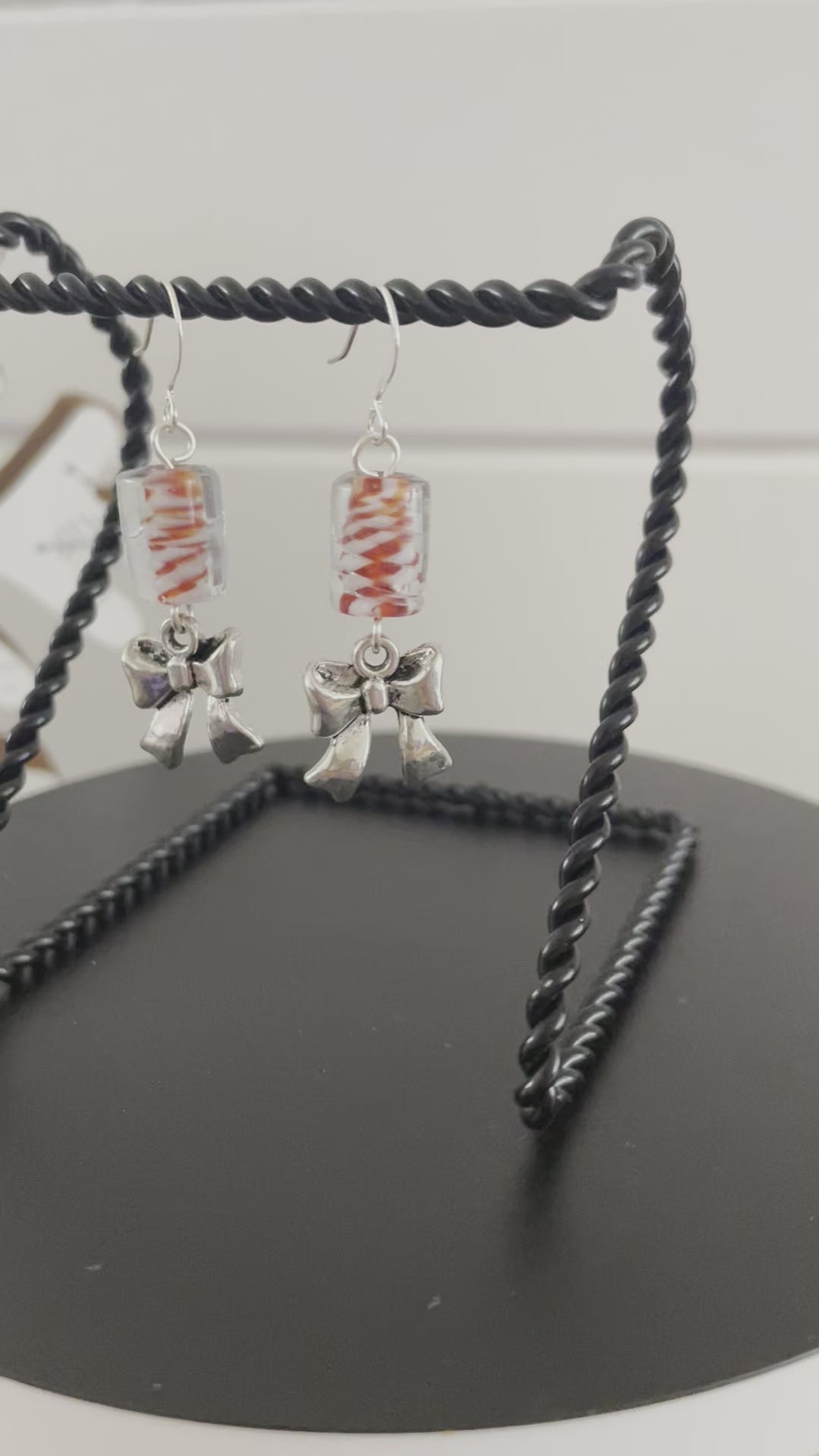 Twisted Candy Cane Molded Glass & Bow Earrings 2" Holiday Christmas Stocking Stuffer Filler Gift Idea Party Red White Silver