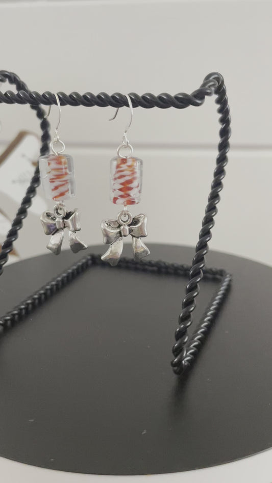 Twisted Candy Cane Molded Glass & Bow Earrings 2" Holiday Christmas Stocking Stuffer Filler Gift Idea Party Red White Silver