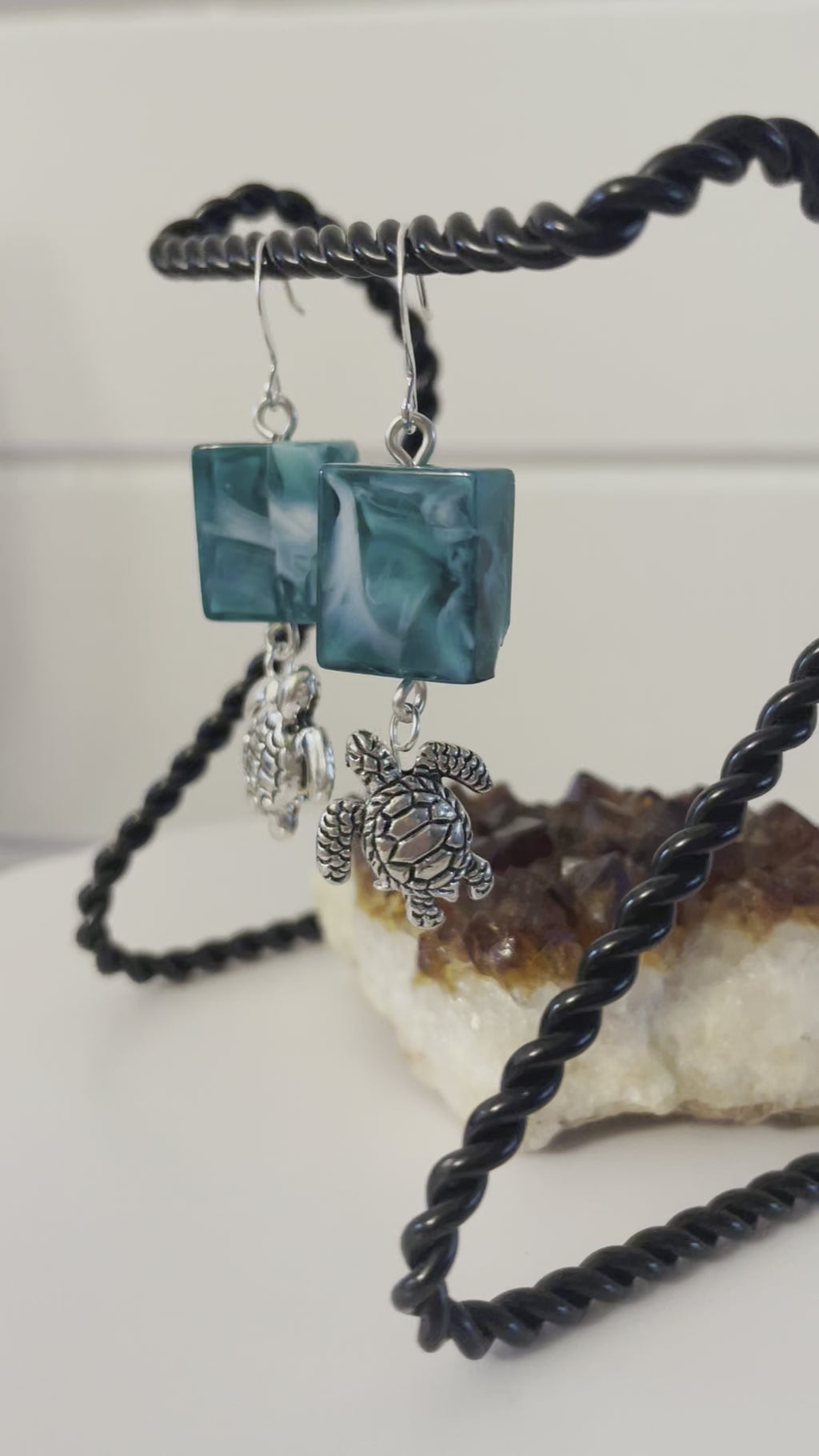 Smokey Swirl Blue & White Pressed Glass Bead & Mixed Metal Turtle Earrings Geometric Ocean Sea Life Women Gift Everyday Fashion Handmade Jewelry
