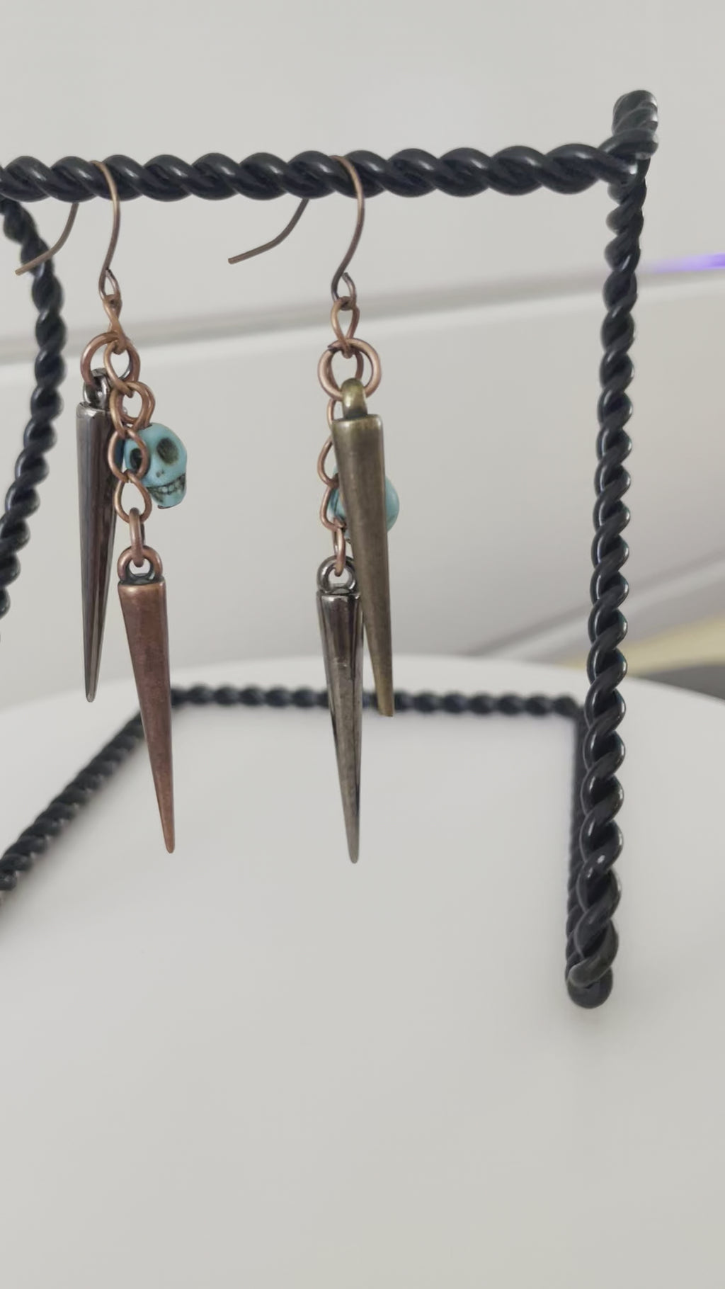 Skull Spike Dangle Earrings Mixed Metal 2.75” Turquoise Blue Magnesite Halloween Cosplay Costume Copper Steampunk
