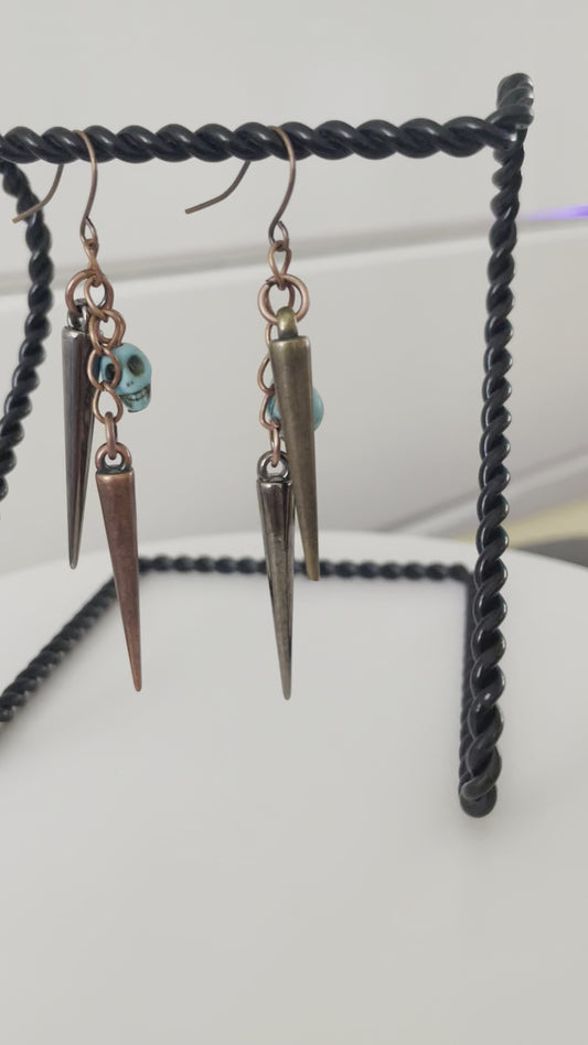 Skull Spike Dangle Earrings Mixed Metal 2.75” Turquoise Blue Magnesite Halloween Cosplay Costume Copper Steampunk