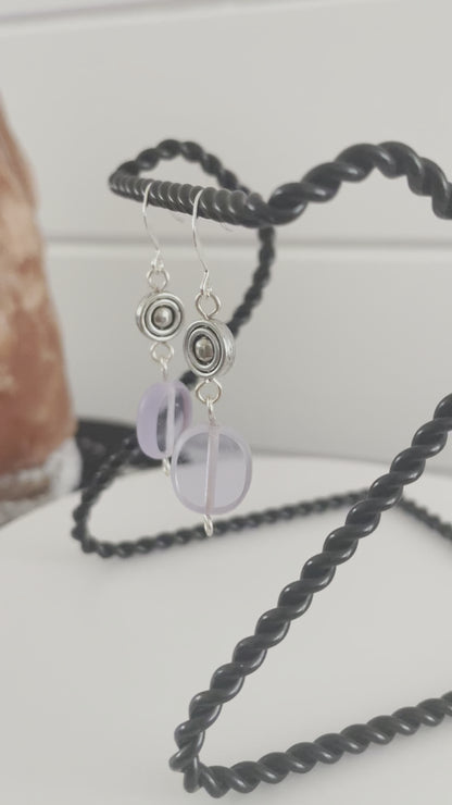 Lilac Oval Glass & Textured Mixed Metal Earrings Pastel Purple Dangle Geometric Lightweight Frosted Edge Translucent