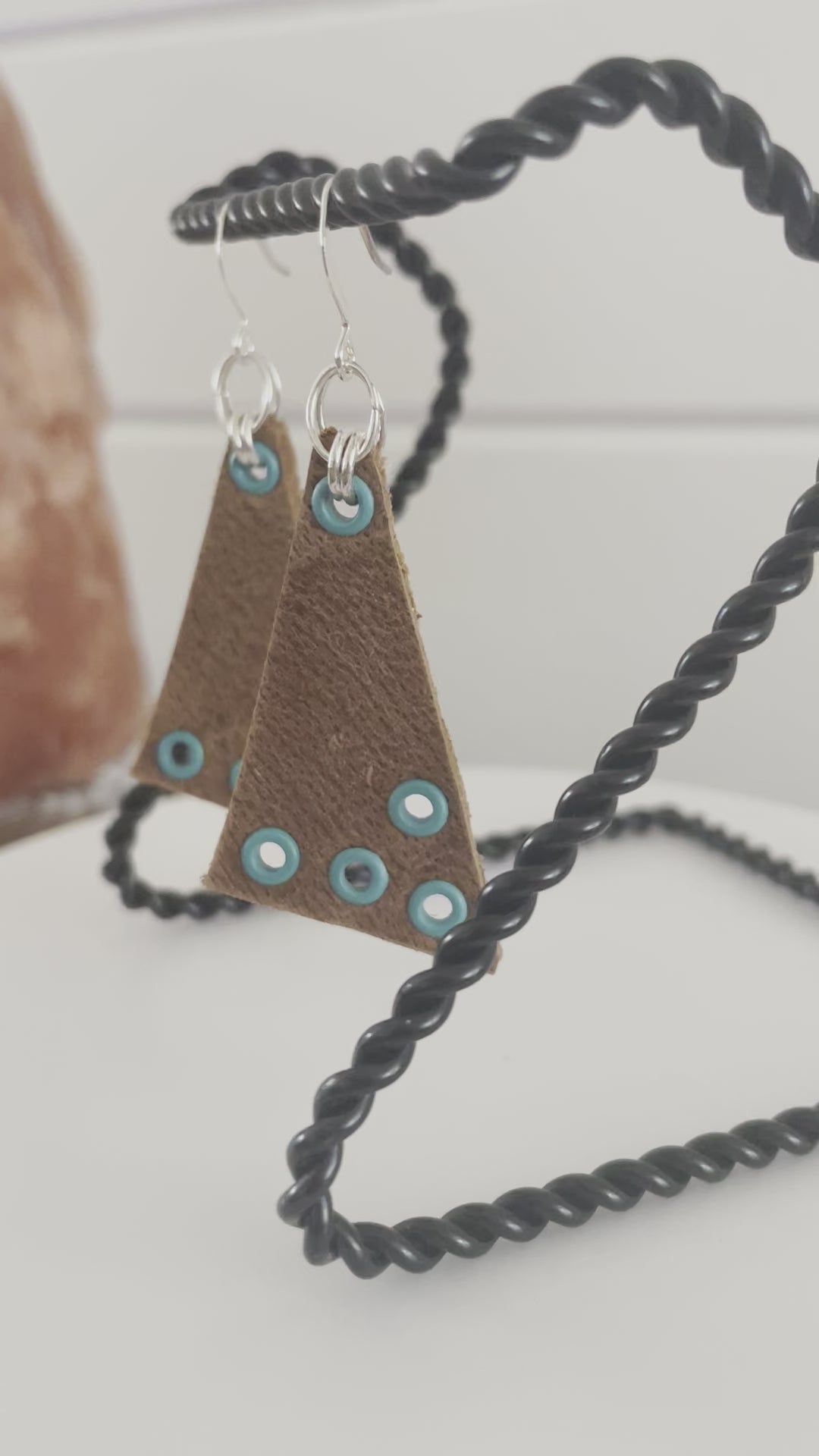 Triangle Leather & Grommet Earrings 2.5" Brown Turquoise Blue Geometric Suede Mixed Metal Fall Winter Autumn