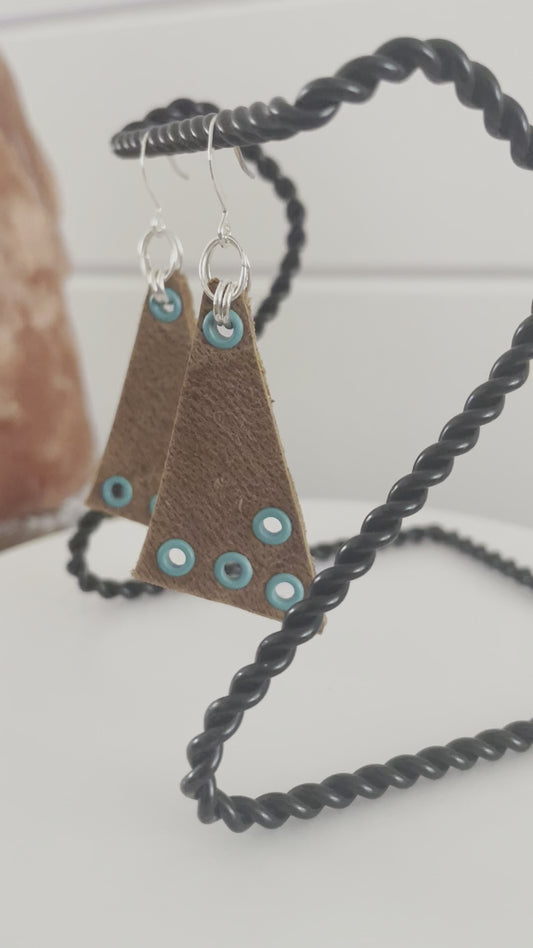 Triangle Leather & Grommet Earrings 2.5" Brown Turquoise Blue Geometric Suede Mixed Metal Fall Winter Autumn