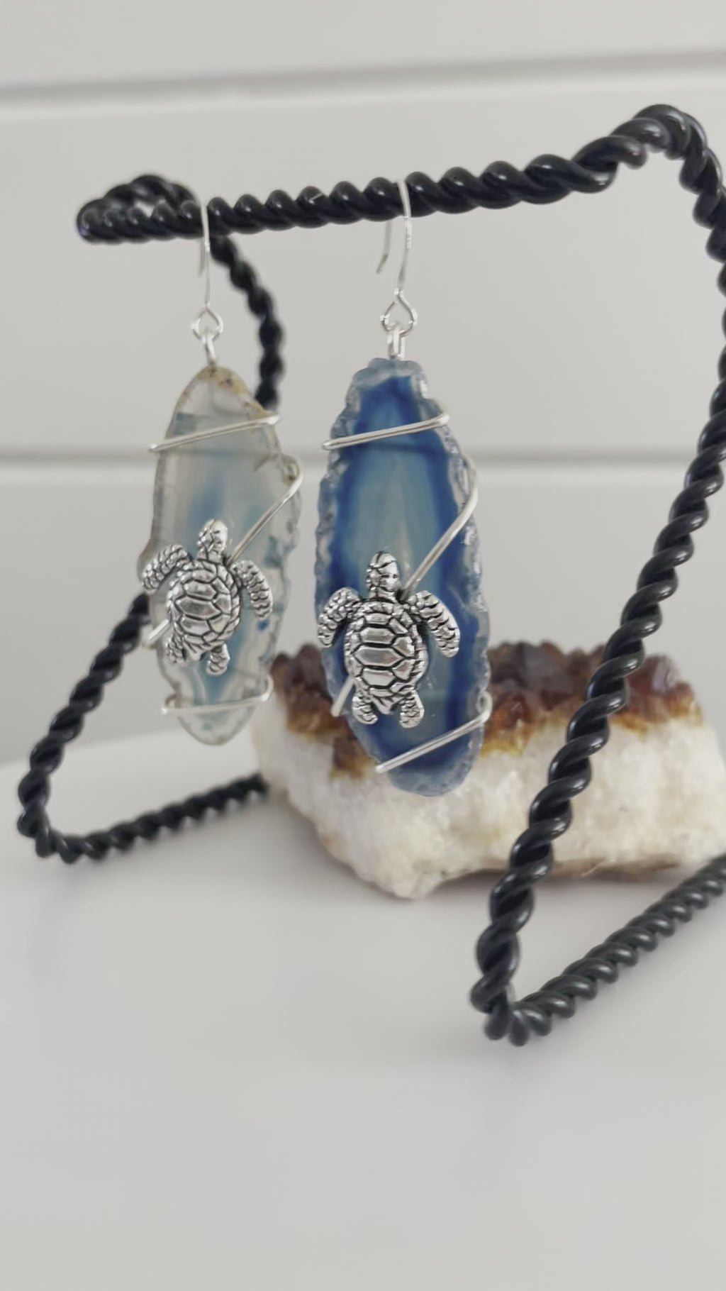 Swimming Turtle Earrings Polished Geode Handmade Blue White Silver Gray Mixed Metal Wire Wrapped