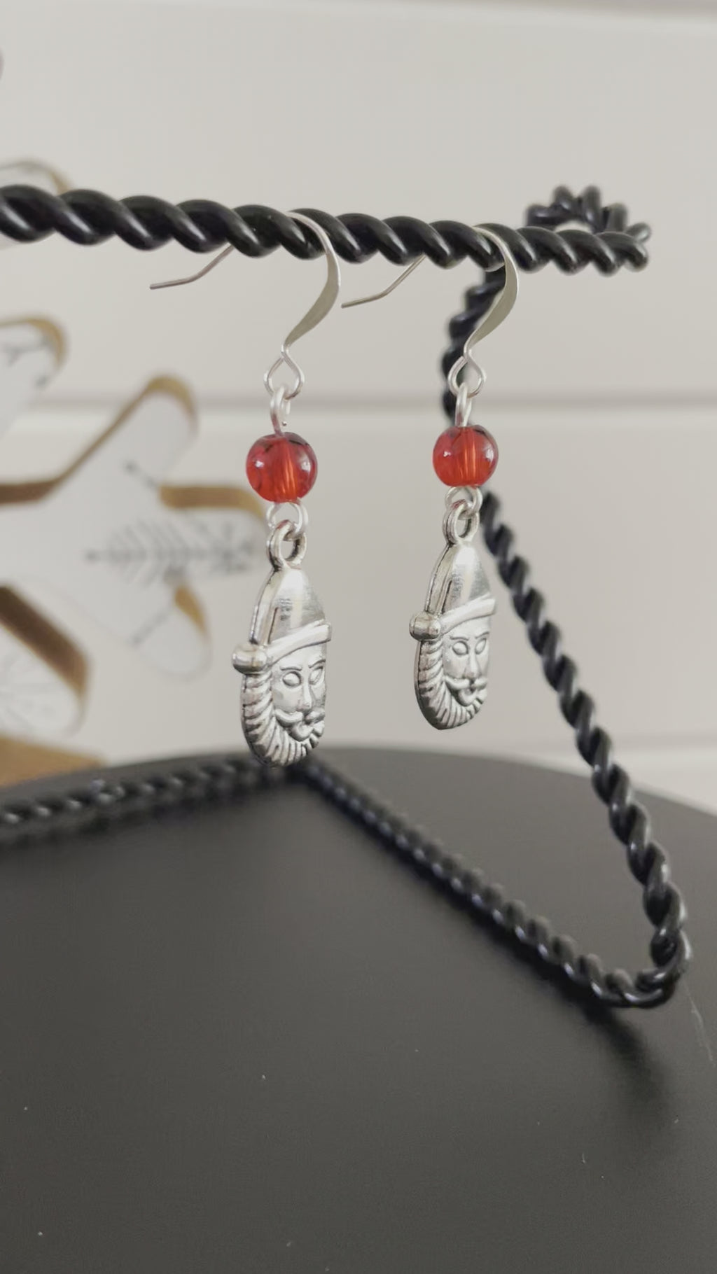 Santa Metal Charm & Round Red Glass Bead Earrings 1.75" Stocking Gift Idea Holiday Party Casual Daily