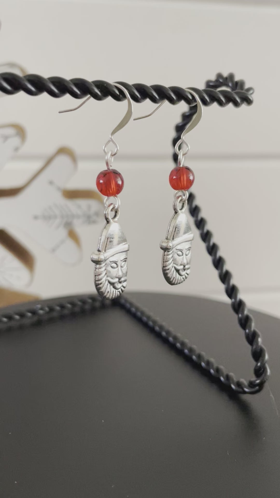 Santa Metal Charm & Round Red Glass Bead Earrings 1.75" Stocking Gift Idea Holiday Party Casual Daily