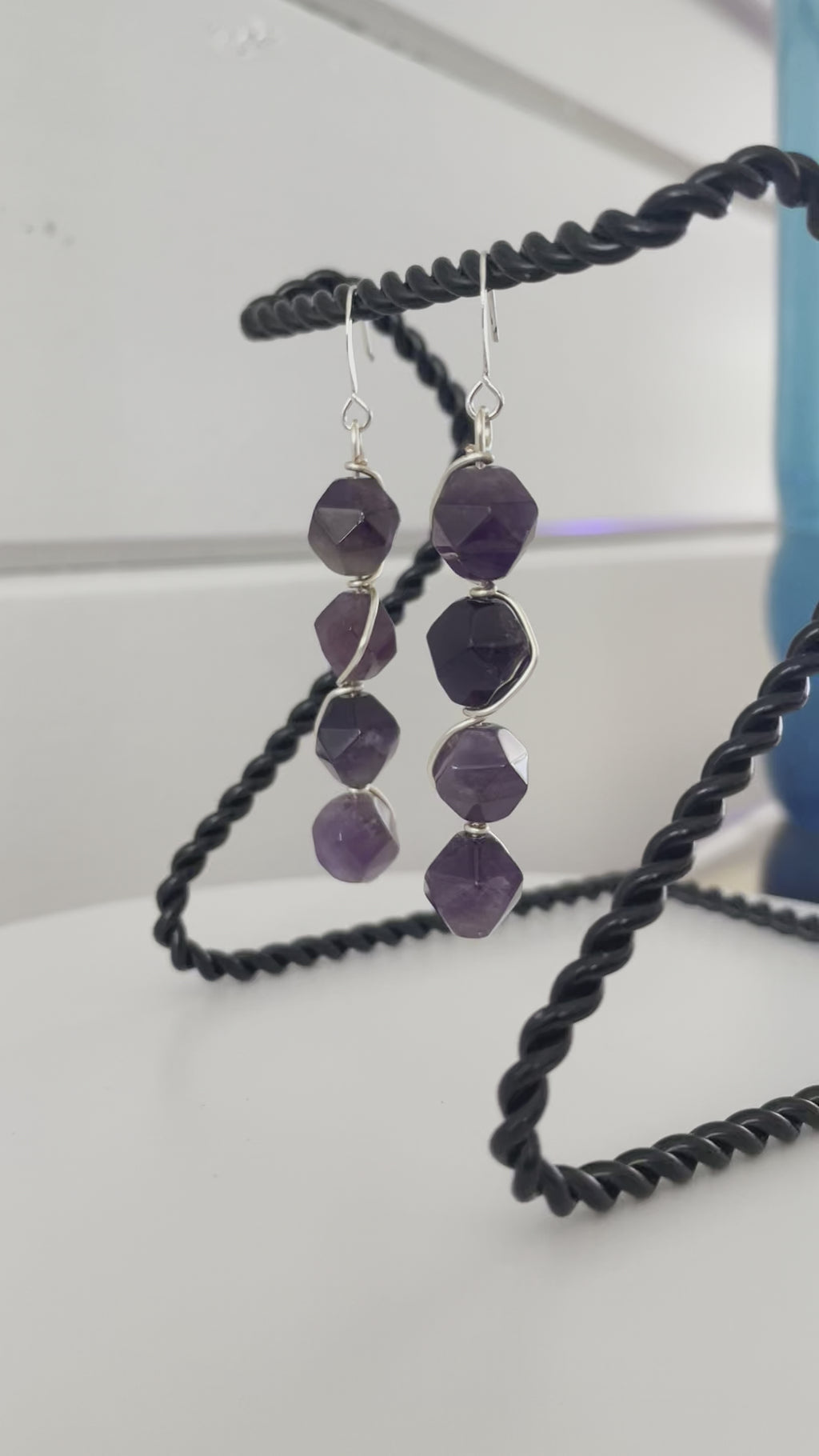 Dark Purple Faceted Amethyst Wire Wrapped Drop Earrings 2.5" Formal Evening Glam Handmade Women Gift Artisan Jewelry