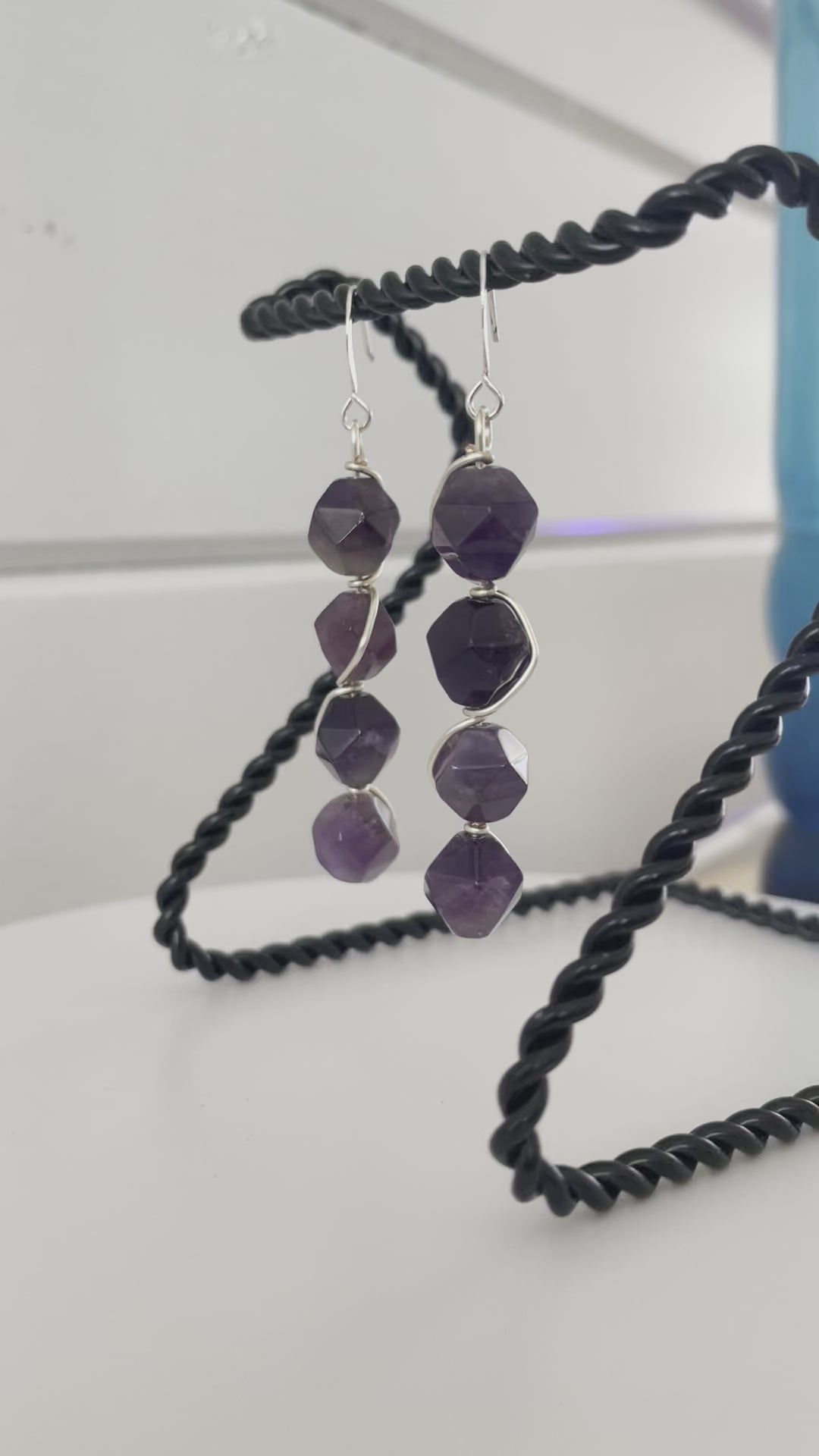 Dark Purple Faceted Amethyst Wire Wrapped Drop Earrings 2.5" Formal Evening Glam Handmade Women Gift Artisan Jewelry