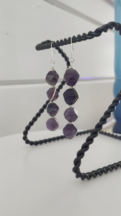 Dark Purple Faceted Amethyst Wire Wrapped Drop Earrings 2.5" Formal Evening Glam Handmade Women Gift Artisan Jewelry