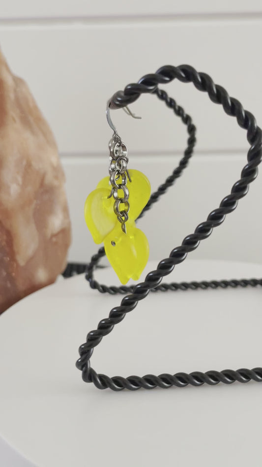 Frosted Sunshine Yellow Glass Leaf & Chunky Gunmetal Chain Earrings 2.25" Textured Bright Colorful Women Gift Everyday Fashion Handmade Jewelry
