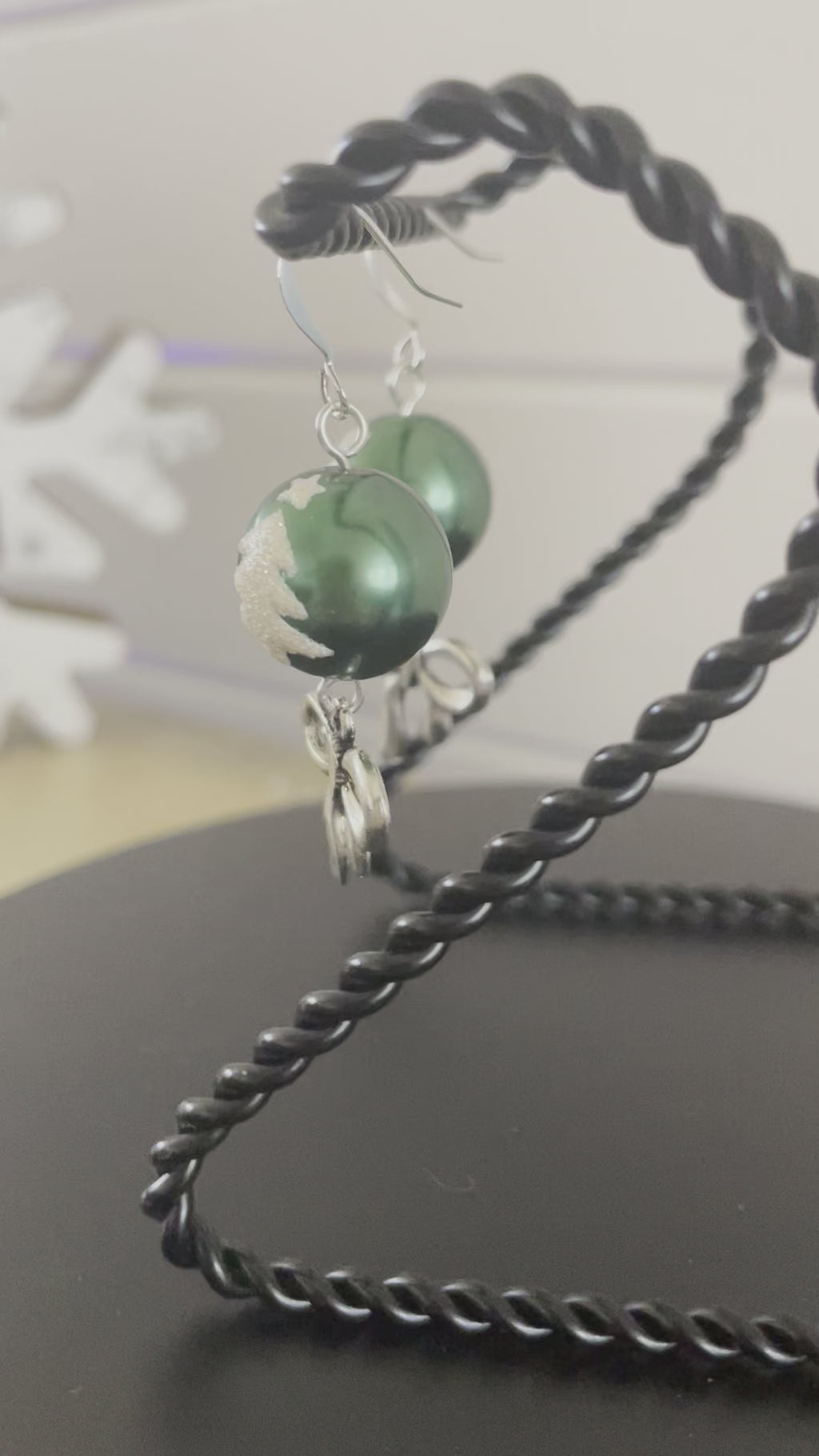 Green & Snowy Sparkle Christmas Tree Ball Ornament & Bow Earrings 2" Mixed Metal Holiday Playful Winter