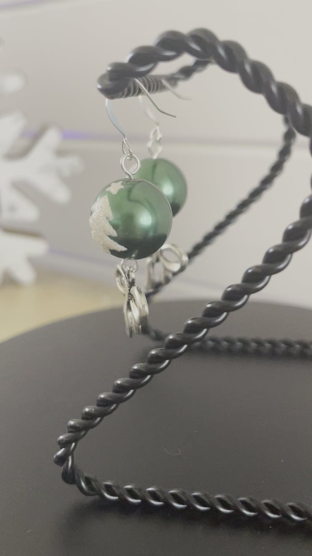 Green & Snowy Sparkle Christmas Tree Ball Ornament & Bow Earrings 2" Mixed Metal Holiday Playful Winter