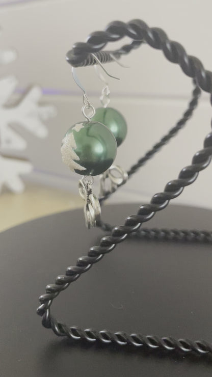 Green & Snowy Sparkle Christmas Tree Ball Ornament & Bow Earrings 2" Mixed Metal Holiday Playful Winter