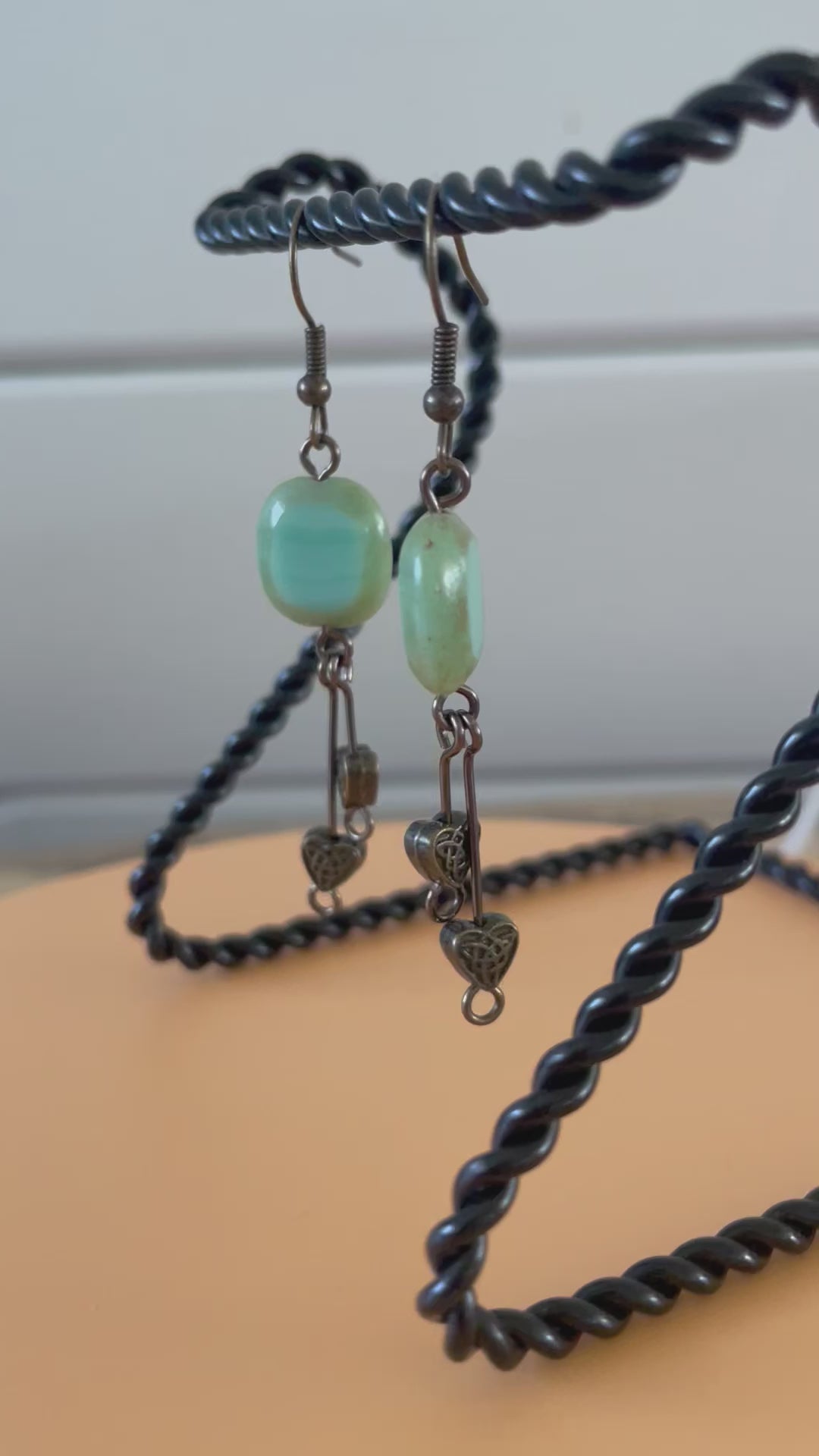 Dangling Brass Celtic Knot & Heart Earrings 2.5" Swirled Pastel Green Blue Glass Metal Women Handmade Fashion Accessory New Gift Idea