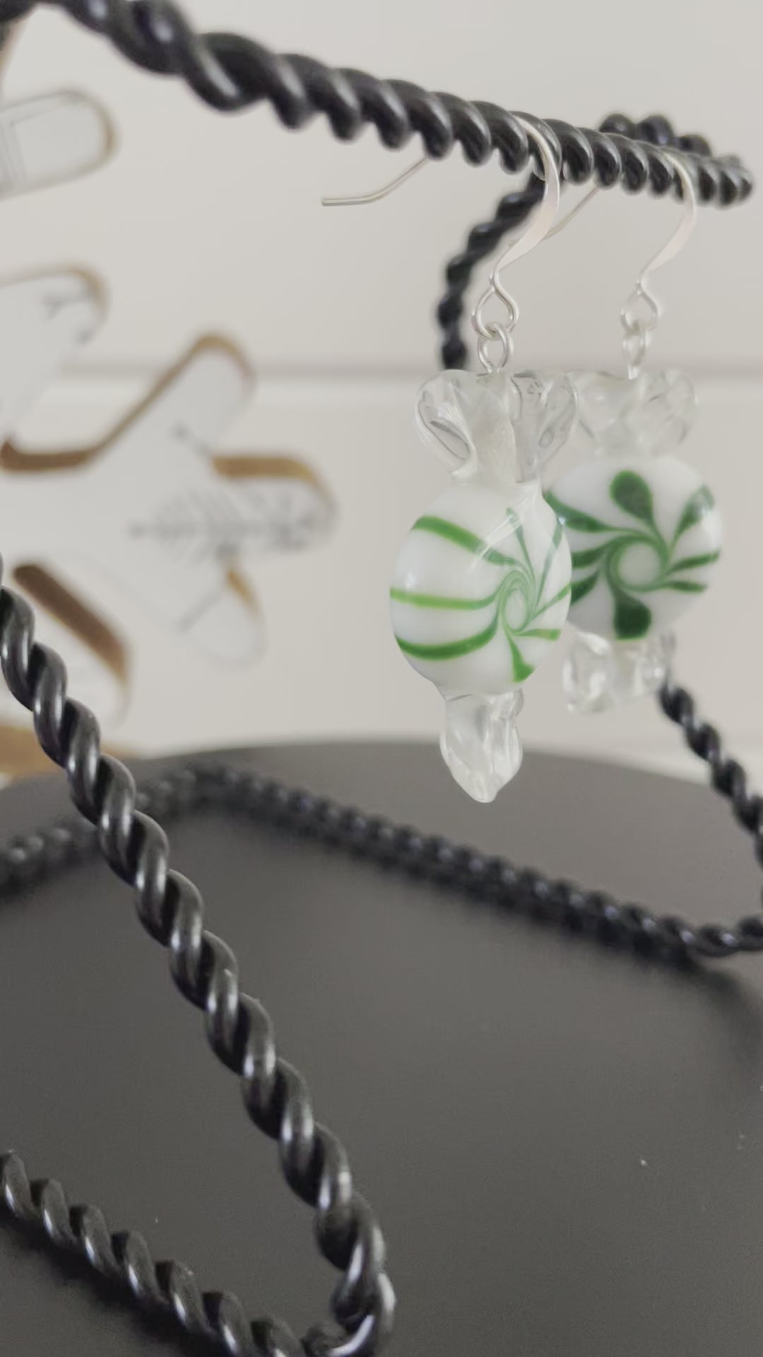 Green Peppermint Candy Earrings 2" Swirled White Clear Green Glass Holiday Whimsy Fun Playful Stocking Filler
