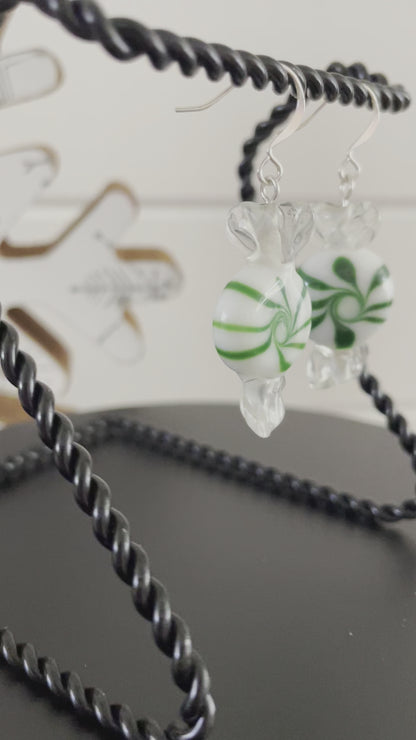 Green Peppermint Candy Earrings 2" Swirled White Clear Green Glass Holiday Whimsy Fun Playful Stocking Filler