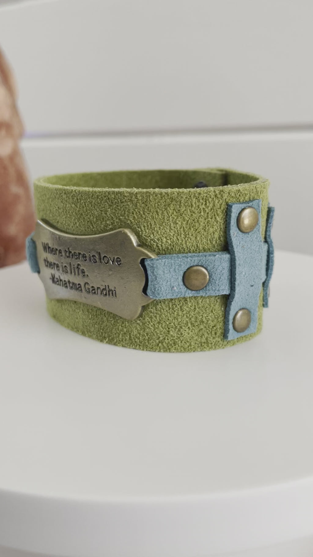 Green & Blue Suede Cuff Bracelet 7.25" Where There Is Love Life Ghandi Quote Brass Mixed Metal Inspiration Positive Unisex