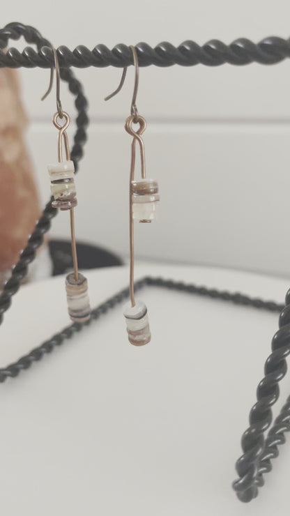 Dangling Shell & Copper Hi- Lo Dangle Earrings 2.25" Fall Autumn Colors Brown Tan Cream Lightweight Women Gift Everyday Fashion Handmade Jewelry
