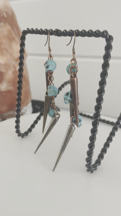 Skull Spike Dangle Earrings Mixed Metal 3.75” Turquoise Blue Magnesite Halloween Cosplay Costume Copper Goth Women Gift Fashion Handmade Jewelry