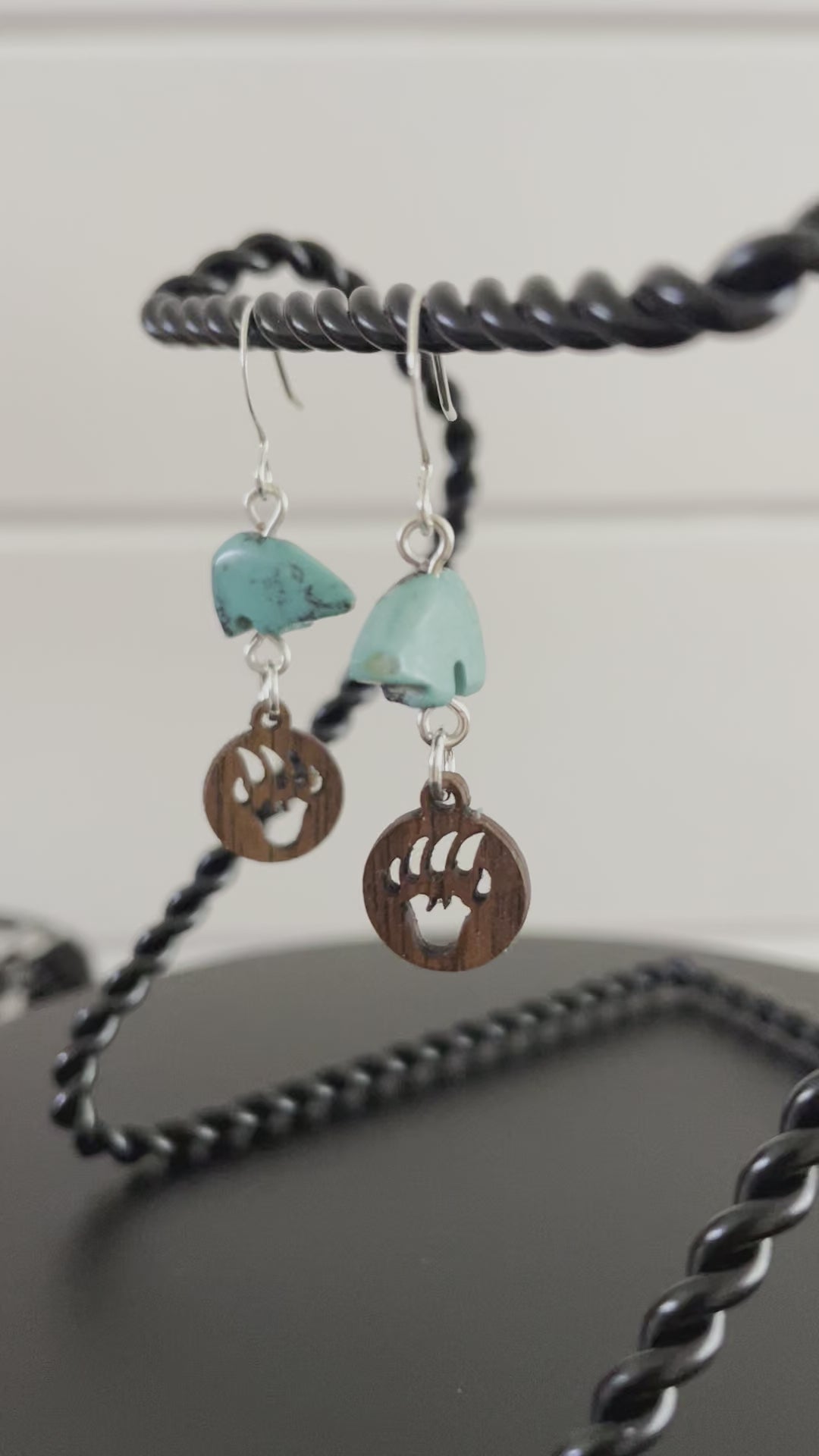 Turquoise Bear & Wood Carved Bear Claw Drop Earrings 1.5" Animals Nature Minimalist Lightweight Women Gift Everyday Fashion Handmade Jewelry