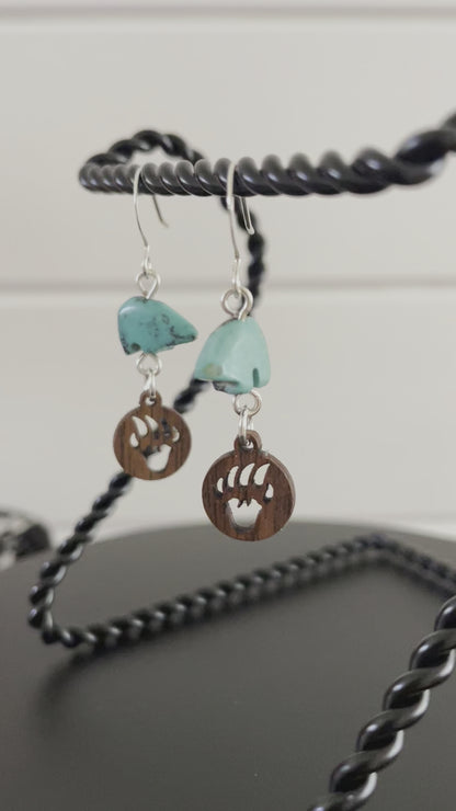 Turquoise Bear & Wood Carved Bear Claw Drop Earrings 1.5" Animals Nature Minimalist Lightweight Women Gift Everyday Fashion Handmade Jewelry